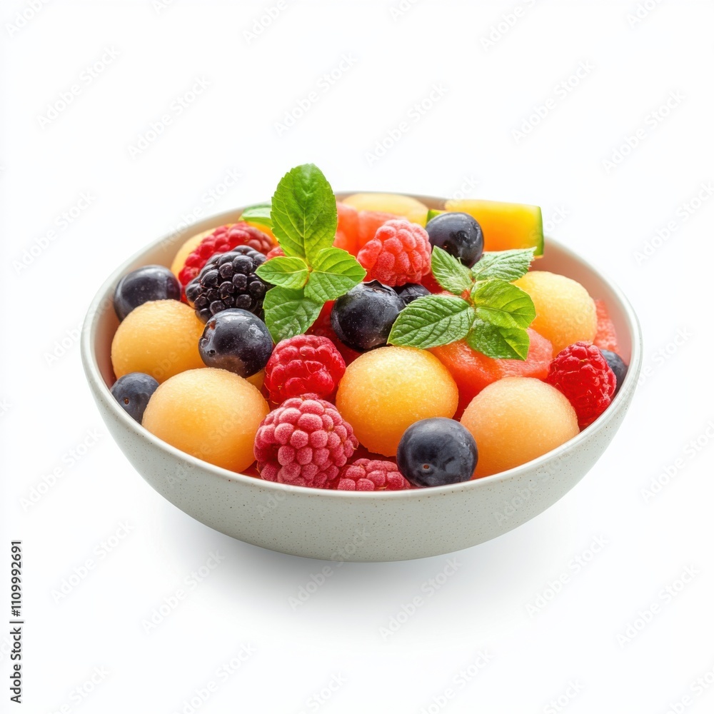 A refreshing fruit salad with mixed berries and melon balls, isolated white background, impressionist art style A refreshing fruit salad with mixed berries and melon balls, isolated white background, impressionist art style