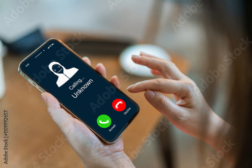 Phone scam alert with hacker and scammer calling unknown number, cybercrime, data theft, phishing attempt, fraud alert, digital security threat, cyber attack warning technology and crime concept