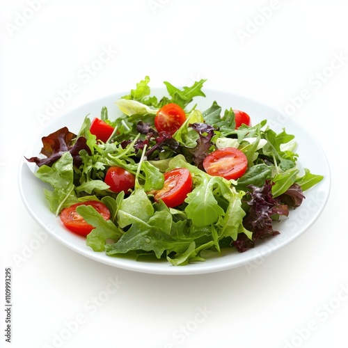 A refreshing green salad with mixed greens and cherry tomatoes, isolated white background, impressionism art style