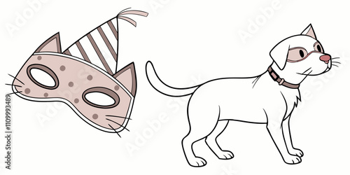 Cat and dog animal carnival party mask. Accessory for Therian subculture, quadrobics. Festival or birthday costume accessory designed to resemble a cute kitten pet face, featuring eye holes.
