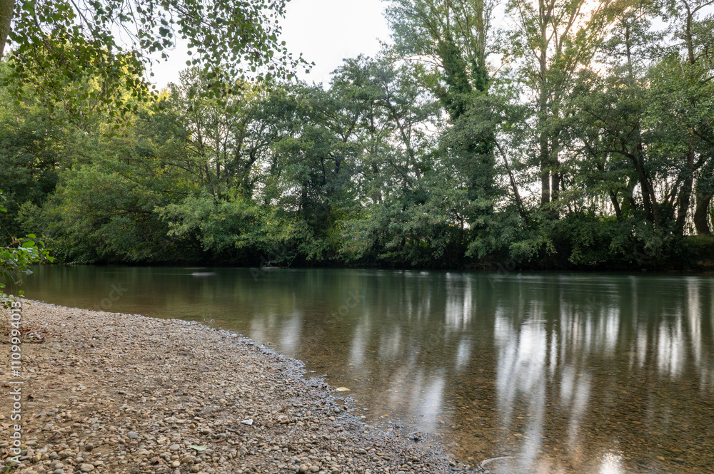 River Carrion in the El Plantio Park in the city of Carrion de los Condes in Palencia, Spain in 2024.