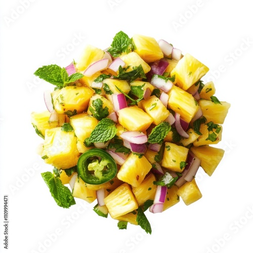 A refreshing pineapple and mint salsa with diced pineapple, red onion, jalape帽o