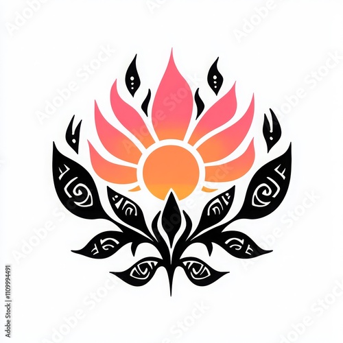 Simple Line Art of Fire Flower with Sun Design photo