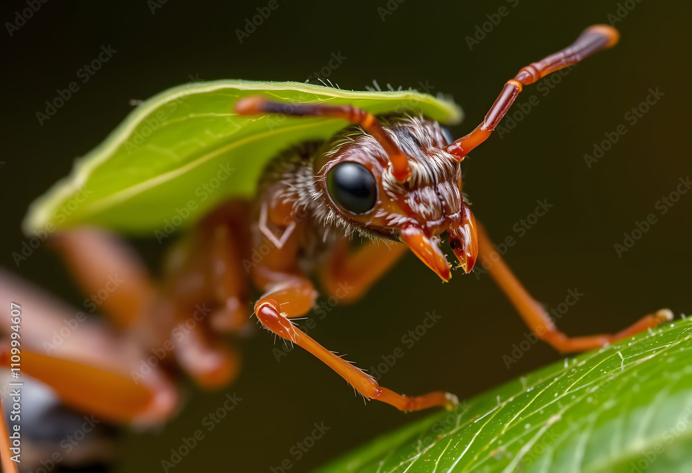 Naklejka premium A small brown ant is on a leaf Ai Generated