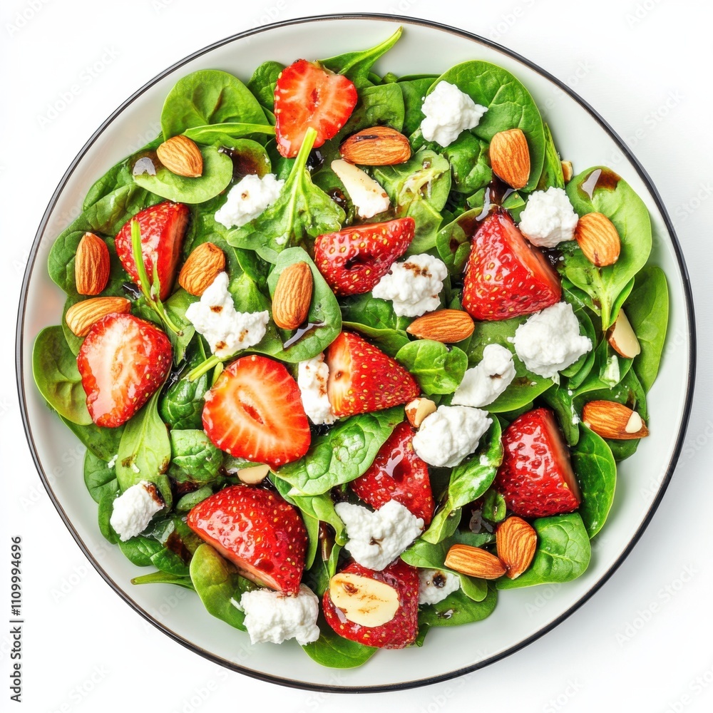 A refreshing strawberry and spinach salad with goat cheese, almonds, and a balsamic vinaigrette A refreshing strawberry and spinach salad with goat cheese, almonds, and a balsamic vinaigrette
