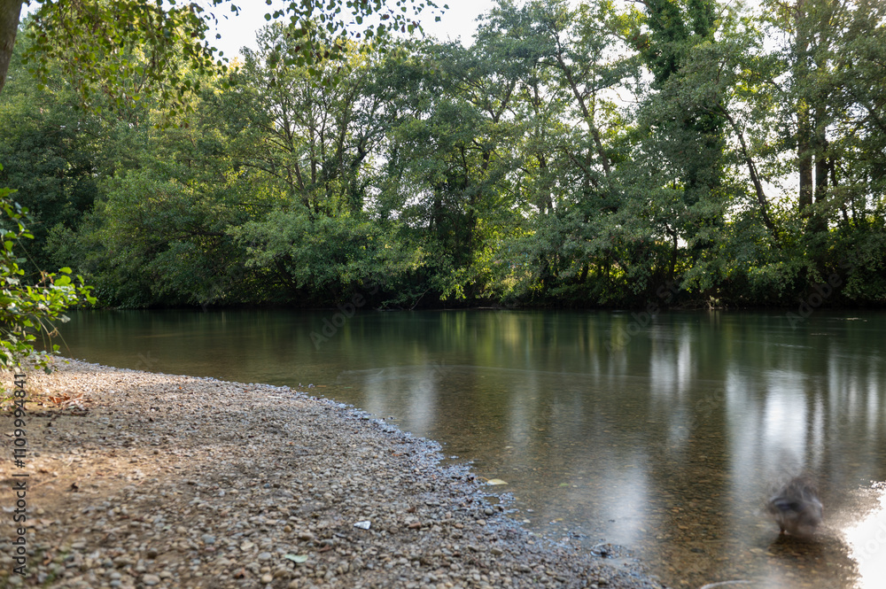 River Carrion in the El Plantio Park in the city of Carrion de los Condes in Palencia, Spain in 2024.