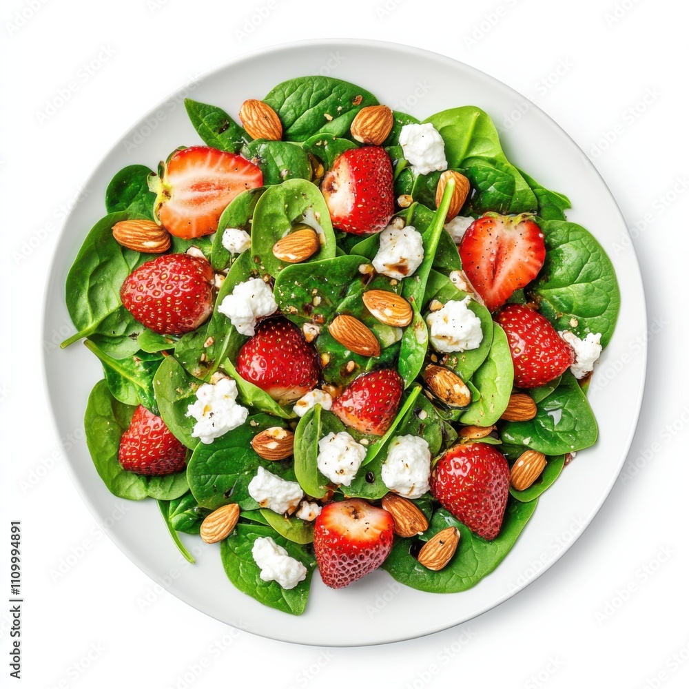A refreshing strawberry and spinach salad with goat cheese, almonds, and a balsamic vinaigrette A refreshing strawberry and spinach salad with goat cheese, almonds, and a balsamic vinaigrette