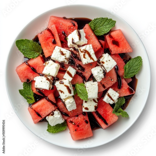A refreshing watermelon and feta salad with mint leaves, drizzled with a balsamic glaze, isolated white background
