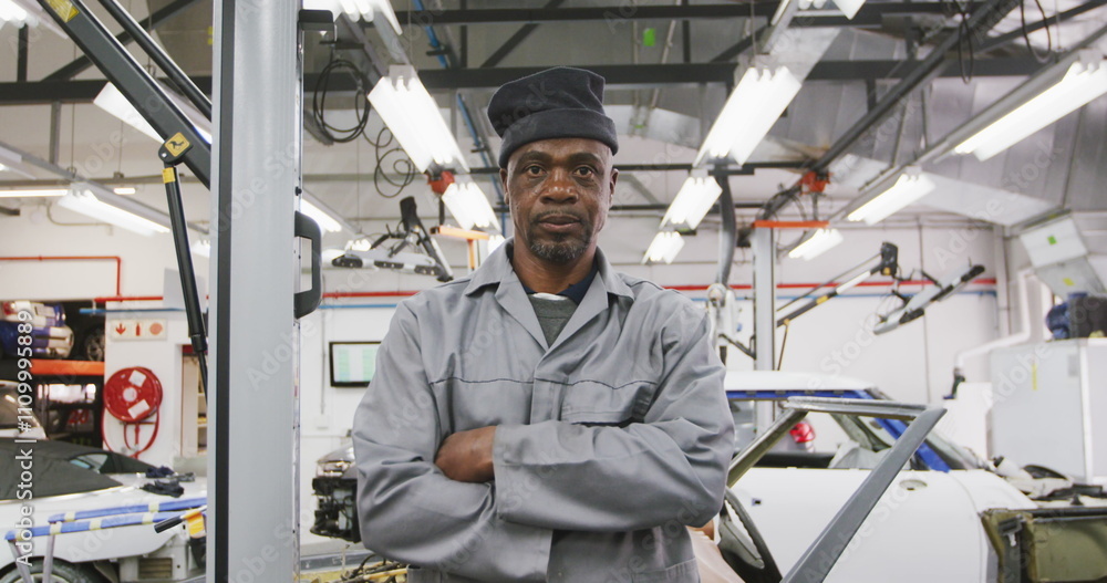 Portrait of an African American male car mechanic working in a township workshop, crossing his arms Portrait of an African American male car mechanic working in a township workshop, crossing his arms