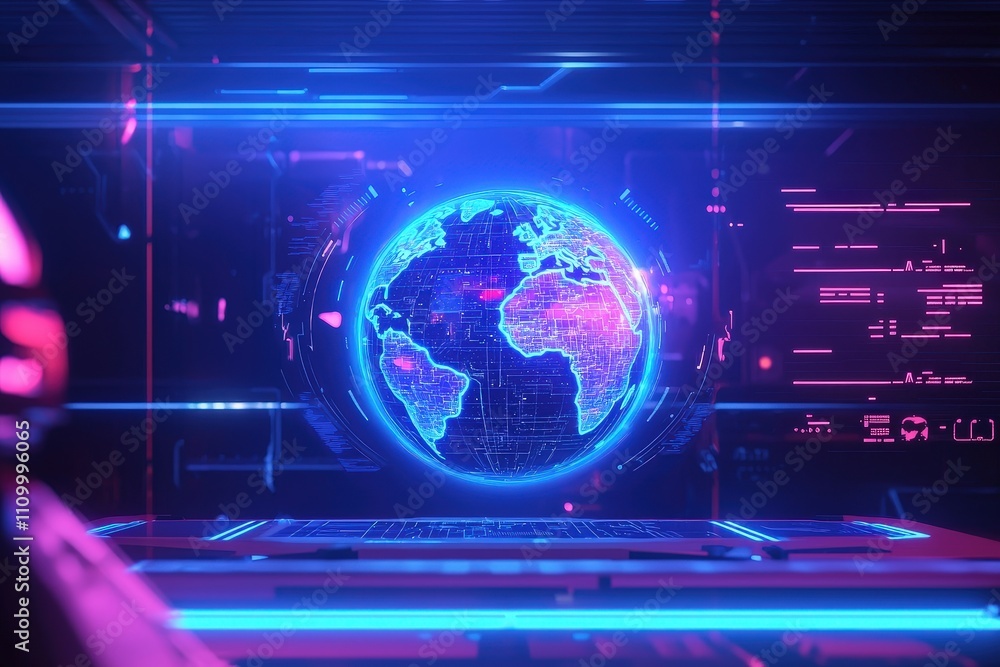 Futuristic Digital Globe in Neon Environment with Data Visualizations and High-Tech Interface Futuristic Digital Globe in Neon Environment with Data Visualizations and High-Tech Interface