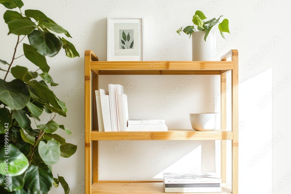 Modern bamboo bookshelf with plants and decorative items in a bright and minimalist space