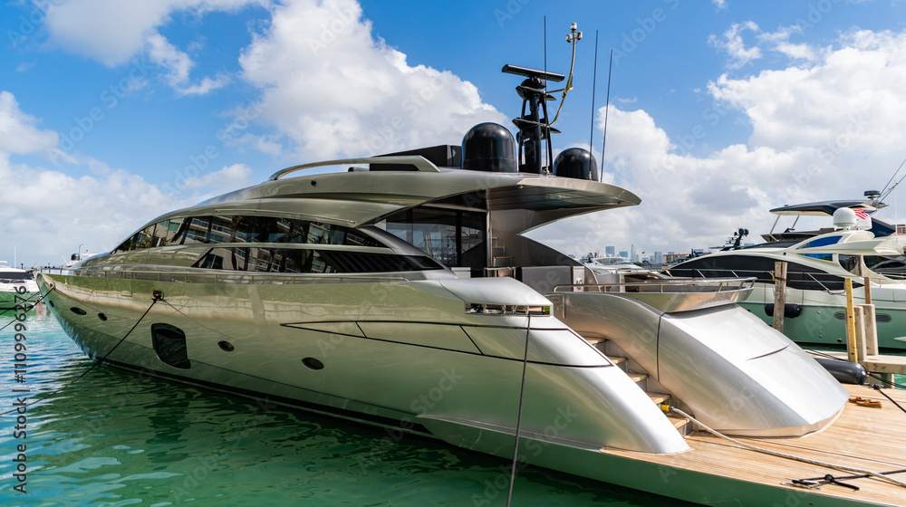 Naklejka premium Docked yacht at sea. Sea vacation on summer. Luxury boat motor yacht in marina. Luxury yacht heading out to sea from marina. Boating and yachting tourism. Luxurious lifestyle. Vacation on summer