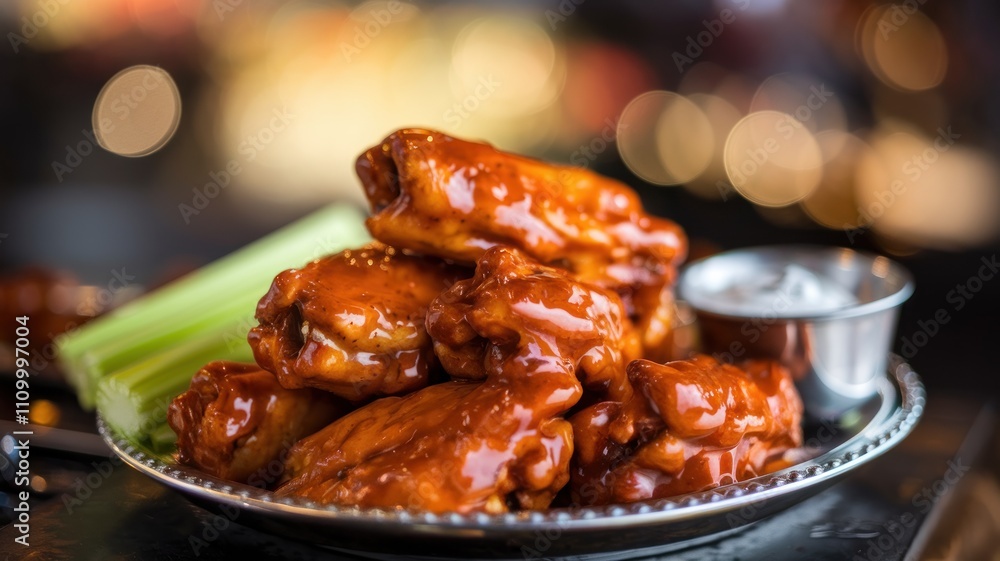 Spicy buffalo wings with celery and dipping sauce. Spicy buffalo wings with celery and dipping sauce.
