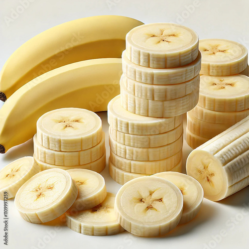 A collection of sliced bananas isolated on a white background