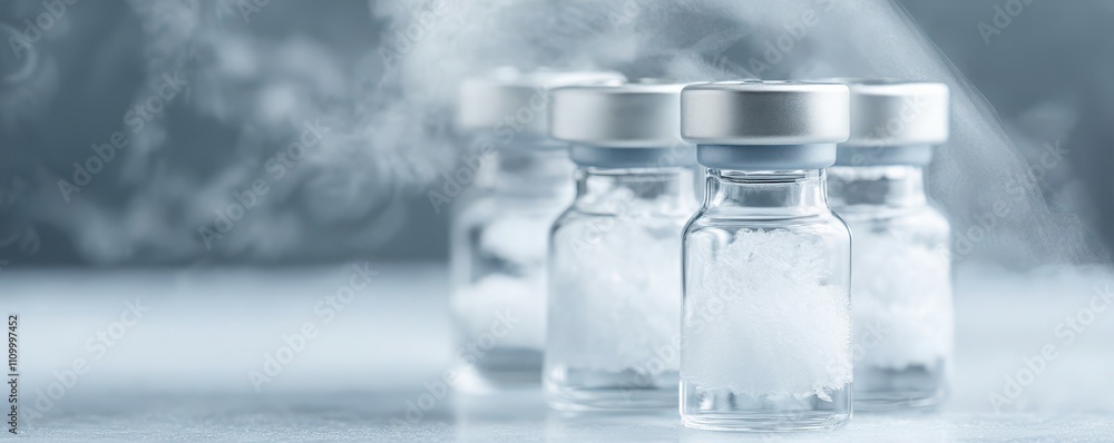 Vials with liquid under a misty background in a clinical setting. Vials with liquid under a misty background in a clinical setting.