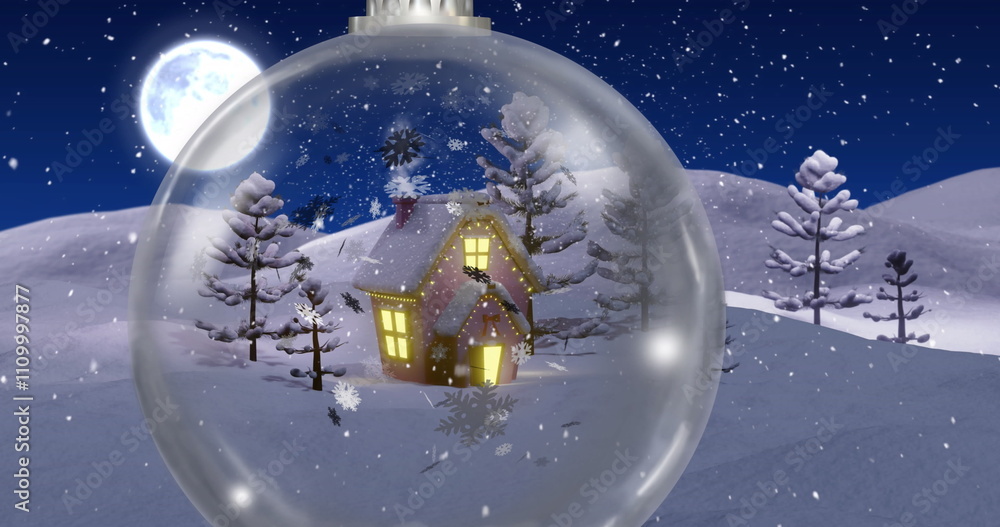 Fototapeta premium Image of winter scenery with house in snow globe over snow falling background