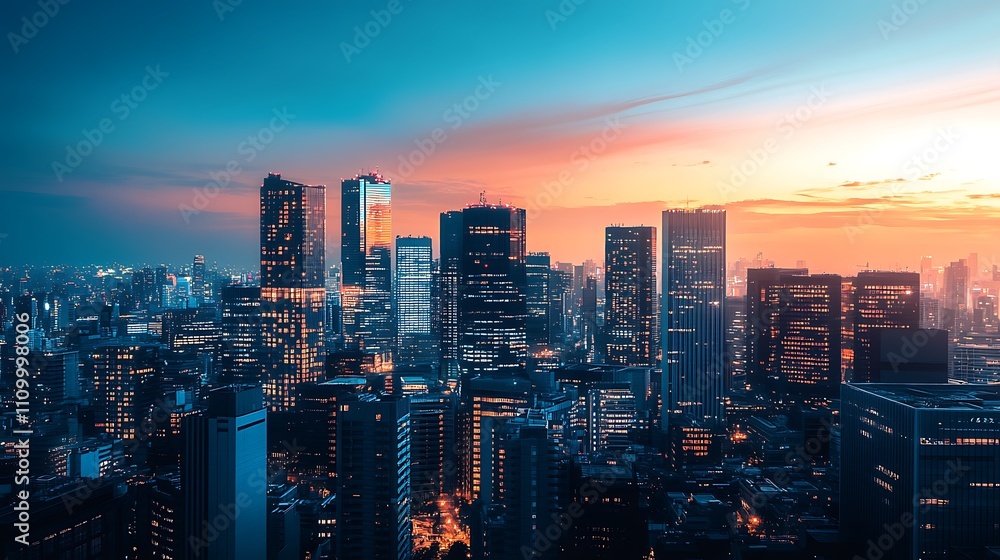 Fototapeta premium Vibrant sunset cityscape, skyscrapers illuminated at dusk.