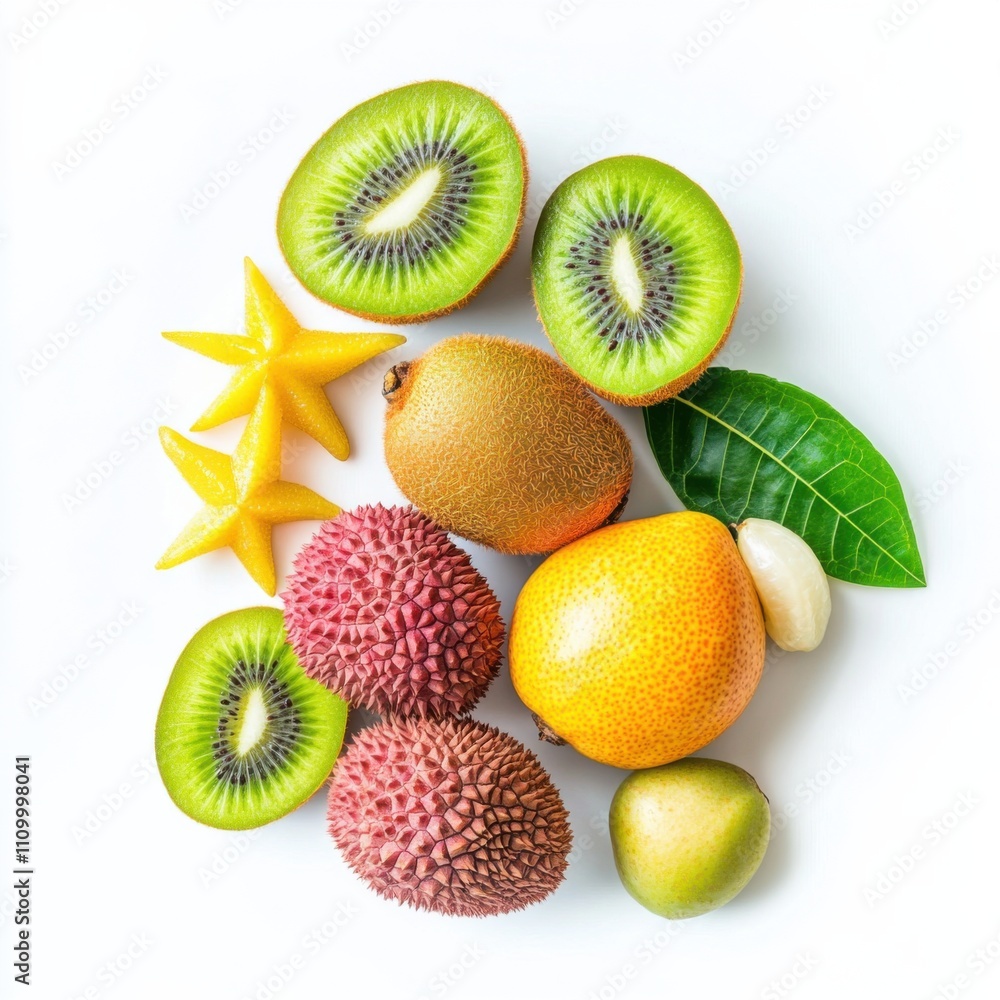 Fototapeta premium A selection of exotic fruits: kiwi, lychee, and starfruit