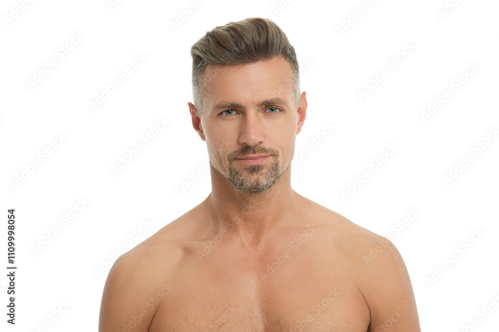 Mature man has smooth skin. Man after shower and shaving. Skincare and shaving. Man face portrait isolated on white. Shaving to have a smooth skin. Male skincare and beauty Mature man has smooth skin. Man after shower and shaving. Skincare and shaving. Man face portrait isolated on white. Shaving to have a smooth skin. Male skincare and beauty