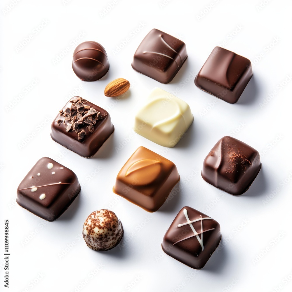 A selection of gourmet chocolates with assorted fillings, isolated white background, classic realism art style A selection of gourmet chocolates with assorted fillings, isolated white background, classic realism art style