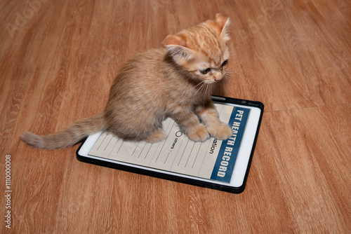 Pet health record application on digital tablet on screen with little cat.