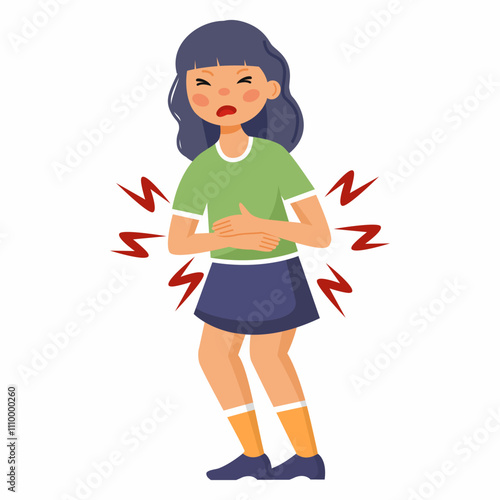 Sad girl is experiencing acute abdominal pain. Symptoms of intestinal infection or food poisoning in child. Digestive problems. Bloating and gastritis. Vector illustration on white background.