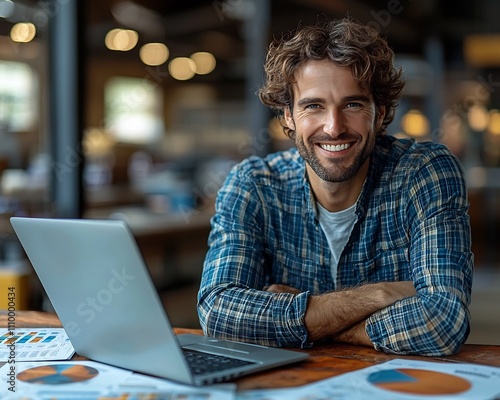 Smiling Small Business Owner Reviews Detailed Service Report on Laptop Symbolizing Clarity and Transparency in Business Services photo