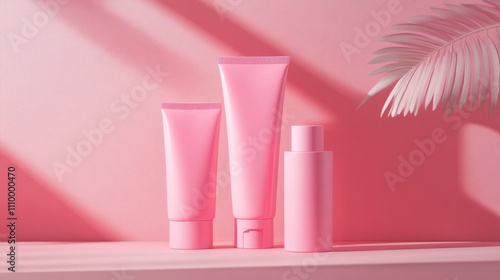 Wallpaper Mural Pink Beauty Products with Palm Leaf Torontodigital.ca