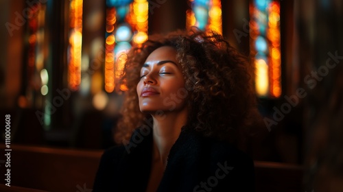 A woman talking to God in a church with beautiful stained glass windows. Uma mulher falando com Deus em uma igreja com belos vitrais photo