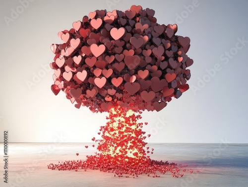 a mushroom cloud completely made of hearts, stencil, looks like an explosion of an atomic bomb, hearts are randomly ordered 