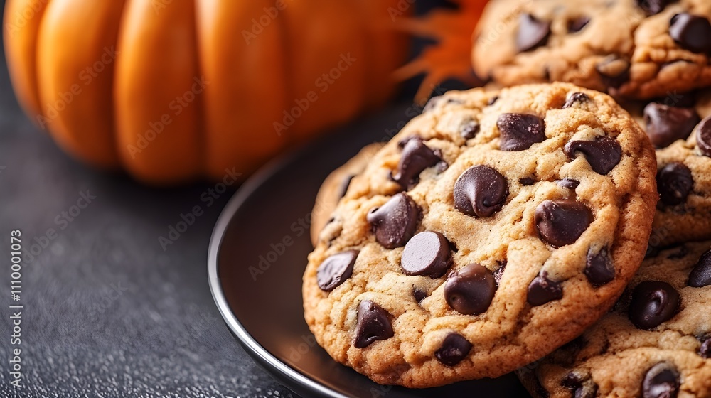 Close-Up of Chocolate Chip Cookies on Dark Plate. Close-Up of Chocolate Chip Cookies on Dark Plate.