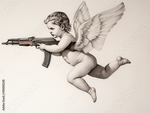 Cupid holding an orange AK-47, grey background, tattoo design in the style of hyperrealistic, white ink on paper, stencil drawing,