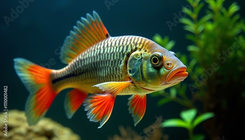 Colorful fish with red fins swimming in aquarium