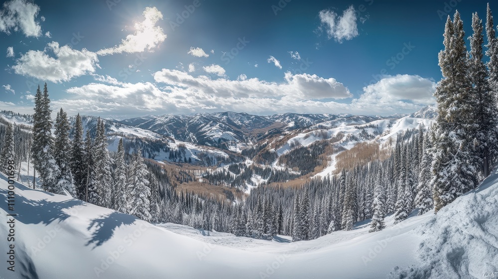 Fototapeta premium A snow covered mountain range with trees in the foreground