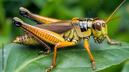 Yellow And Black Grasshopper On A Green Leaf