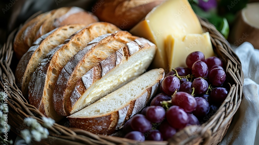 Rustic basket with sliced bread, cheese, and grapes. Rustic basket with sliced bread, cheese, and grapes.