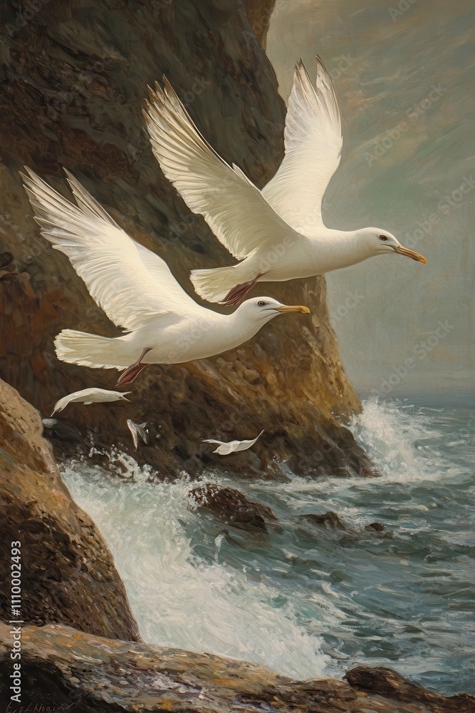 Two elegant white seabirds soaring gracefully above the rugged coastline, capturing the beauty of nature with ocean waves crashing against the rocky shore. Two elegant white seabirds soaring gracefully above the rugged coastline, capturing the beauty of nature with ocean waves crashing against the rocky shore.