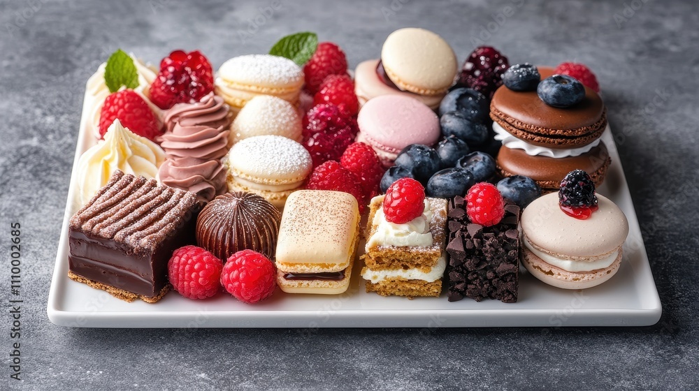 Obraz Assorted macarons, pastries, and berries on a platter. Perfect for a dessert spread, bakery menu, or food blog.