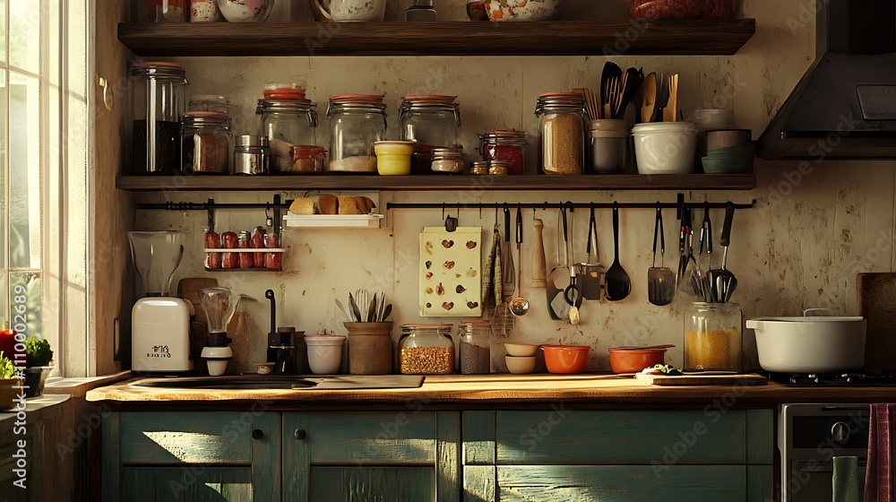 Sunlit rustic kitchen with well-organized shelves, utensils, and cooking supplies. Sunlit rustic kitchen with well-organized shelves, utensils, and cooking supplies.
