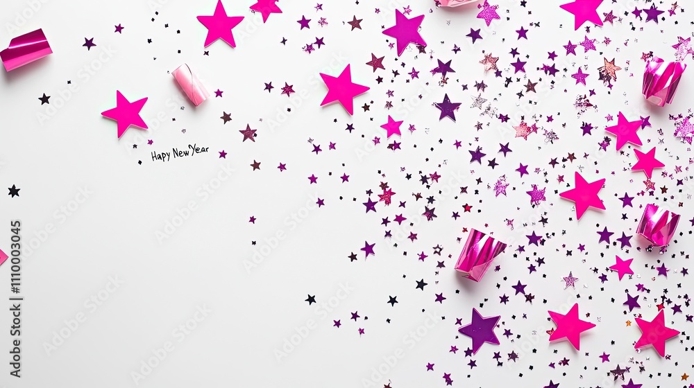 Wishing a Happy New Year in vibrant fuchsia on a white background, embellished with playful star graphics and plenty of copy space. Wishing a Happy New Year in vibrant fuchsia on a white background, embellished with playful star graphics and plenty of copy space.