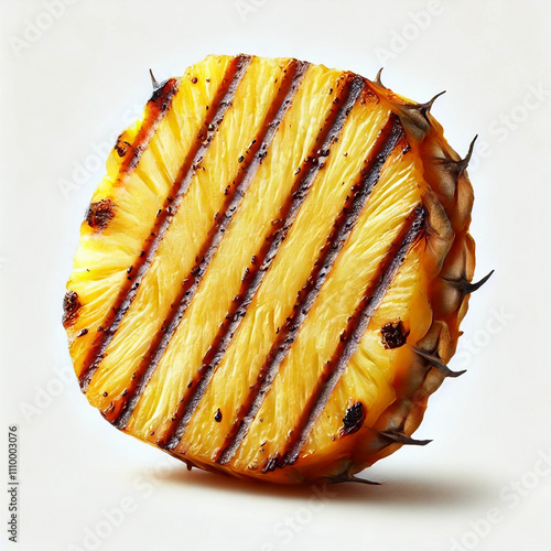  A grilled slice of pineapple isolated on a white background.