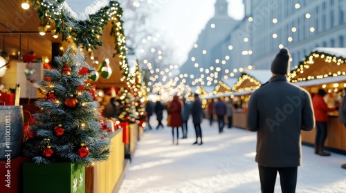 A festive winter market scene illuminated by twinkling lights, with people strolling among colorful stalls and a decorated Christmas tree in the foreground.