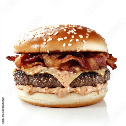 A smoky chipotle burger with crispy bacon, pepper jack cheese, and a chipotle aioli on a toasted sesame bun photo