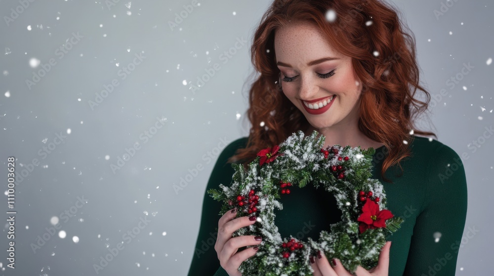 Half body shot of an Irish woman in a forest green dress, smiling while holding a Christmas wreath, with a soft snowy white studio backdrop, holiday cheer, festive decoration, Christmas season Half body shot of an Irish woman in a forest green dress, smiling while holding a Christmas wreath, with a soft snowy white studio backdrop, holiday cheer, festive decoration, Christmas season