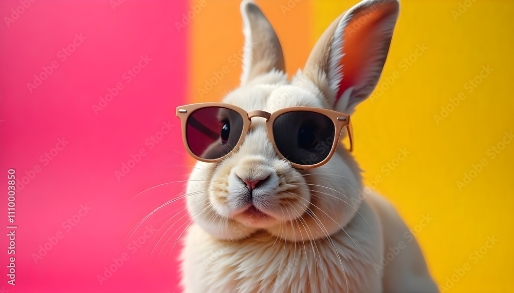 A cool bunny wearing sunglasses, set against a vibrant and colorful background, exuding a playful and trendy vibe