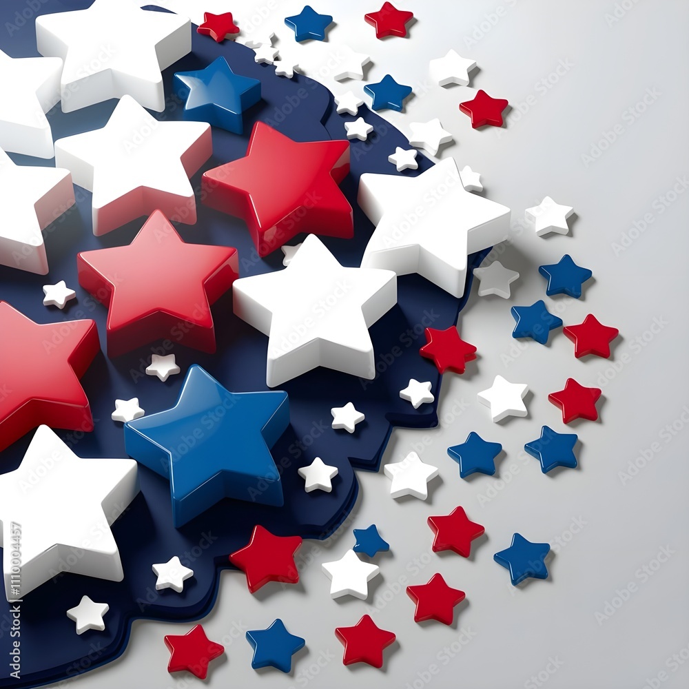 A patriotic array of scattered red, white, and blue stars on a clean white backdrop A patriotic array of scattered red, white, and blue stars on a clean white backdrop
