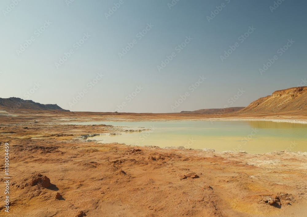 Vast Arid Landscape with a Tranquil Yellow Lake Surrounded by Barren Terrain and Distant Mountains Under Clear Blue Sky Vast Arid Landscape with a Tranquil Yellow Lake Surrounded by Barren Terrain and Distant Mountains Under Clear Blue Sky