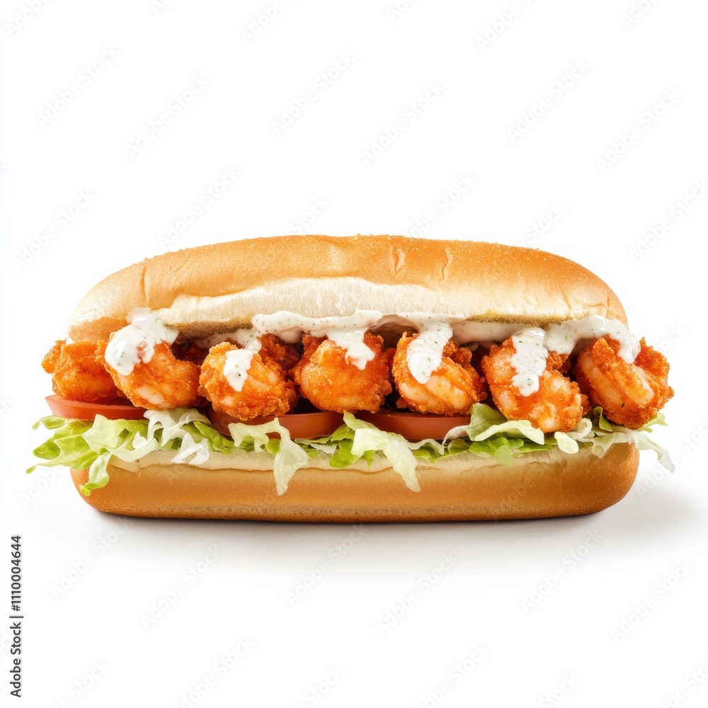 A spicy buffalo shrimp po' boy sandwich with shredded lettuce, tomatoes, and a drizzle of ranch dressing on a soft French roll A spicy buffalo shrimp po' boy sandwich with shredded lettuce, tomatoes, and a drizzle of ranch dressing on a soft French roll