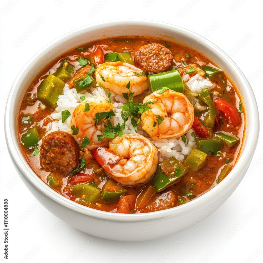 A spicy Cajun shrimp and sausage gumbo with bell peppers, okra, and rice A spicy Cajun shrimp and sausage gumbo with bell peppers, okra, and rice