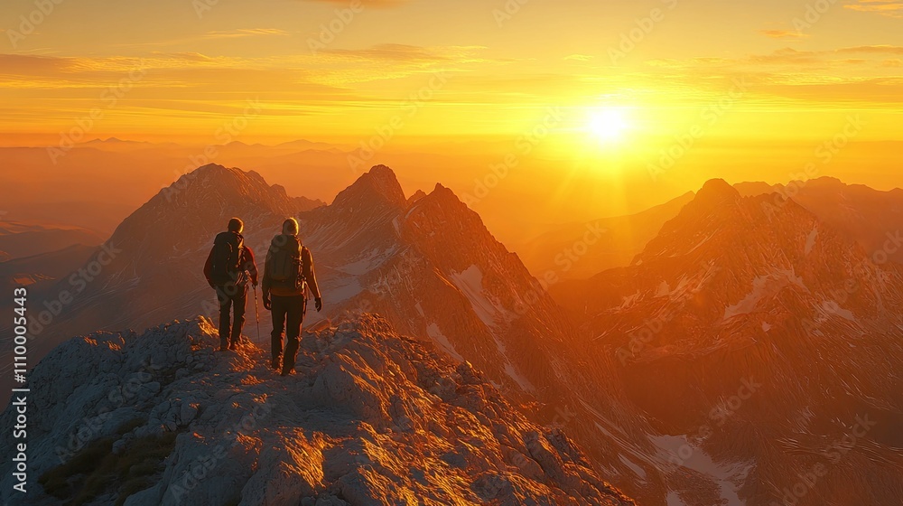 Fototapeta premium Hikers Reaching Summit At Sunset Over Majestic Mountains